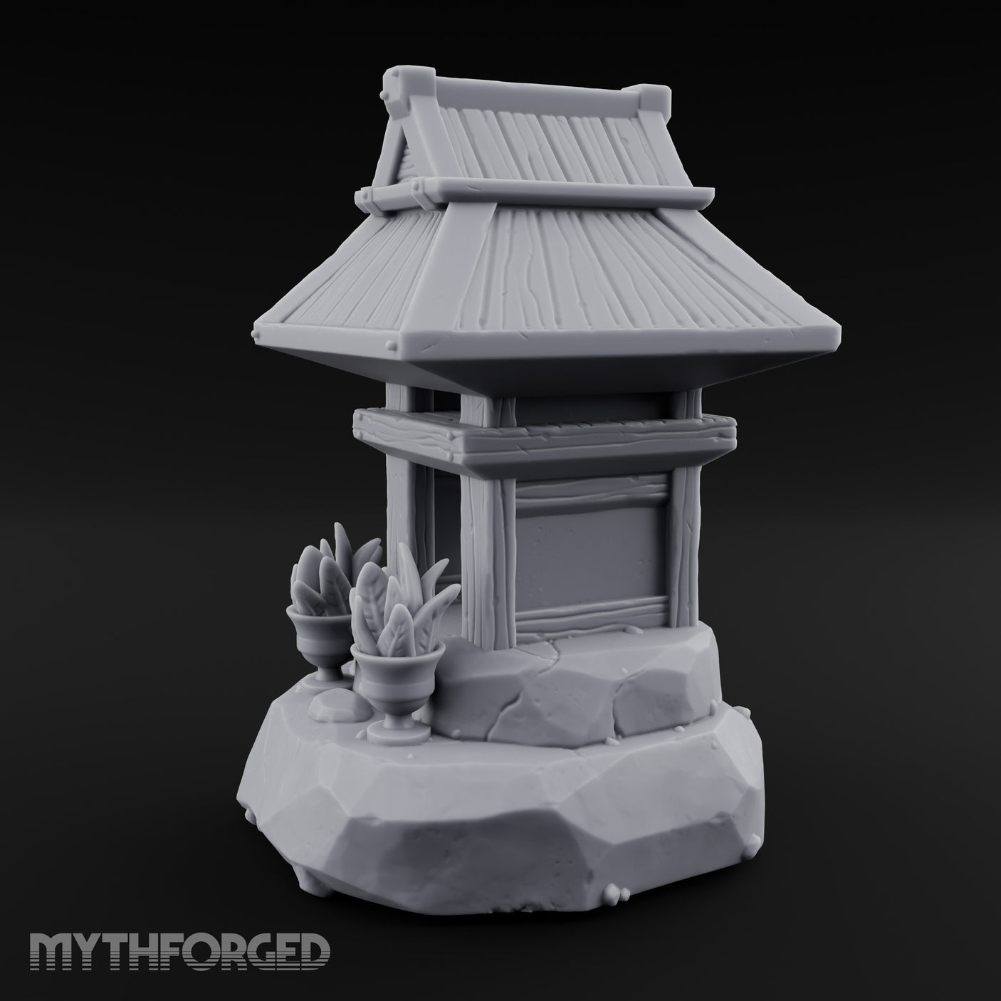 Potted-Plant Rocky-Based Japanese Wayside Shrine Altar Miniature for Dungeons and Dragons, Pathfinder or other TTRPGs
