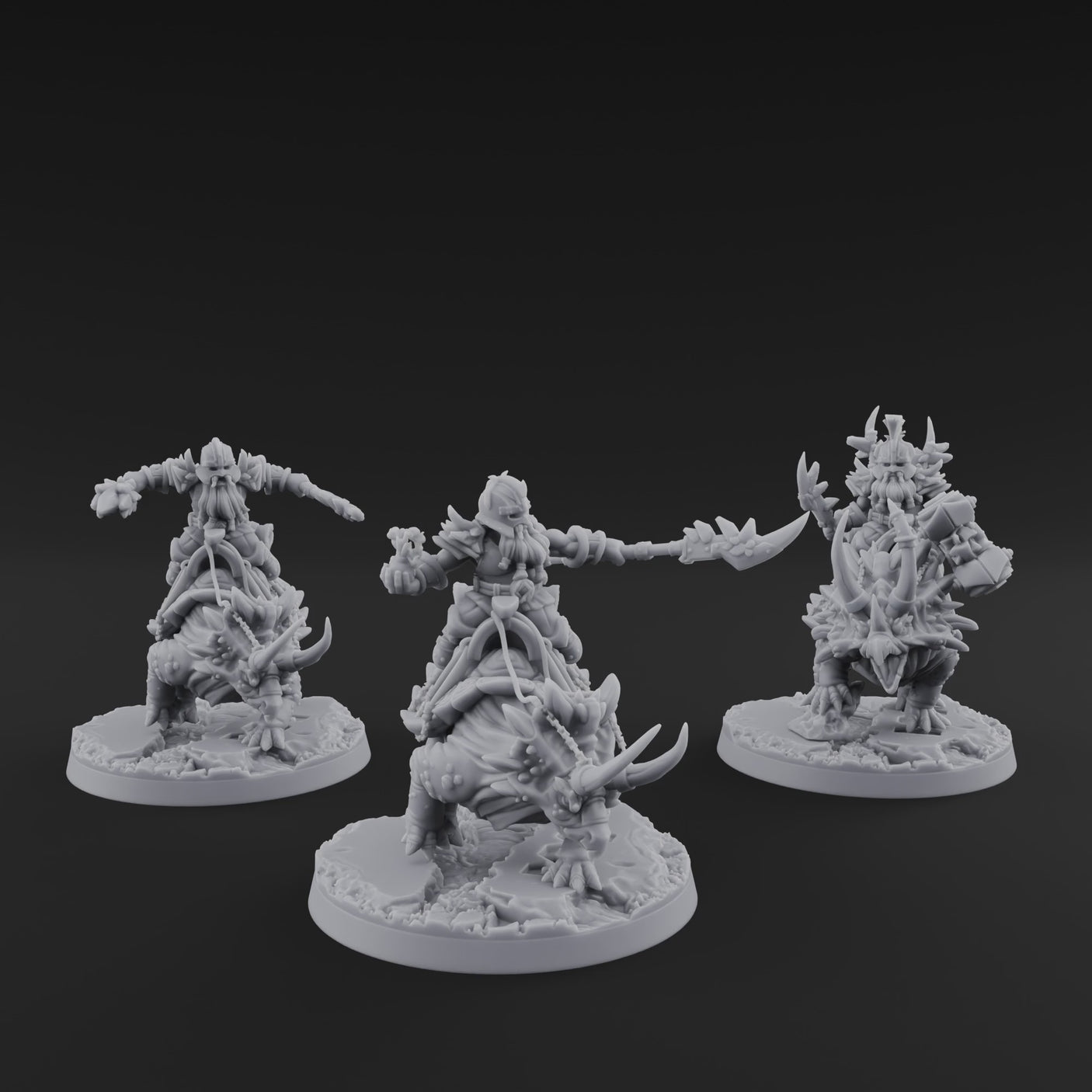 Tusks Raised Bellowing Triceratop Riding Dwarves