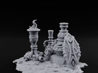 Glyph-Carved Rope-Coiled Tribal Torch and Idol Vessel Scene turntable