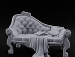 Blanket-Draped Tome-Rested Noble Tufted Chaise Longue turntable