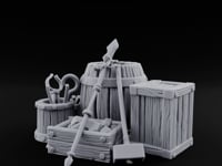 Tool-Stuffed Shovel-Leaned Blacksmith Storage Crate and Barrel Set turntable