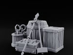 Tool-Stuffed Shovel-Leaned Blacksmith Storage Crate and Barrel Set turntable