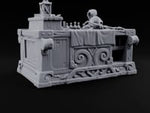 Priceless, Allegedly Wooden Display Desk with Draped Cloth, Potions, Helm and Lantern on Carved Scroll Base turntable