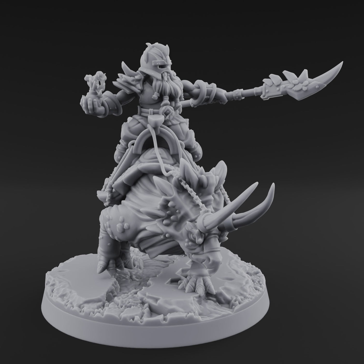 Tusks Raised Bellowing Triceratop Riding Dwarves C