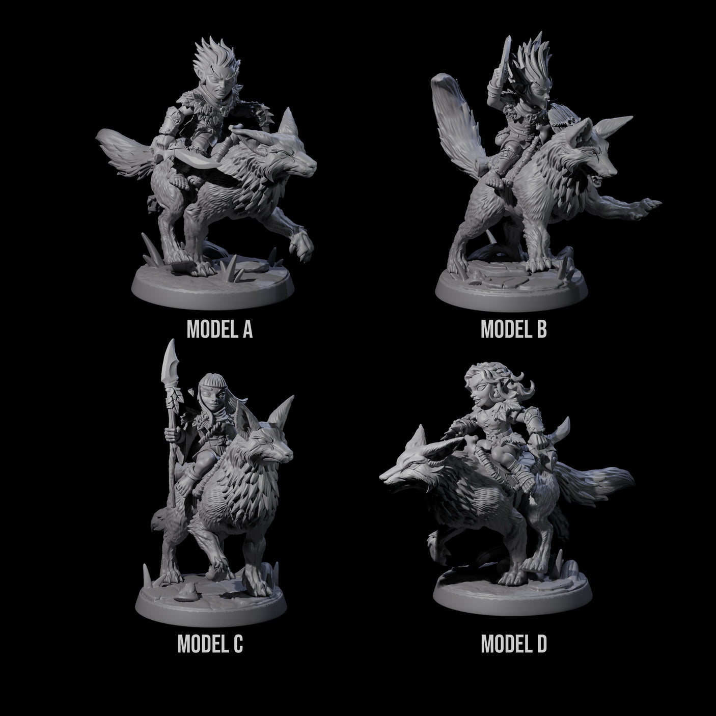 Four Forest Halfing Warriors Riding Foxes