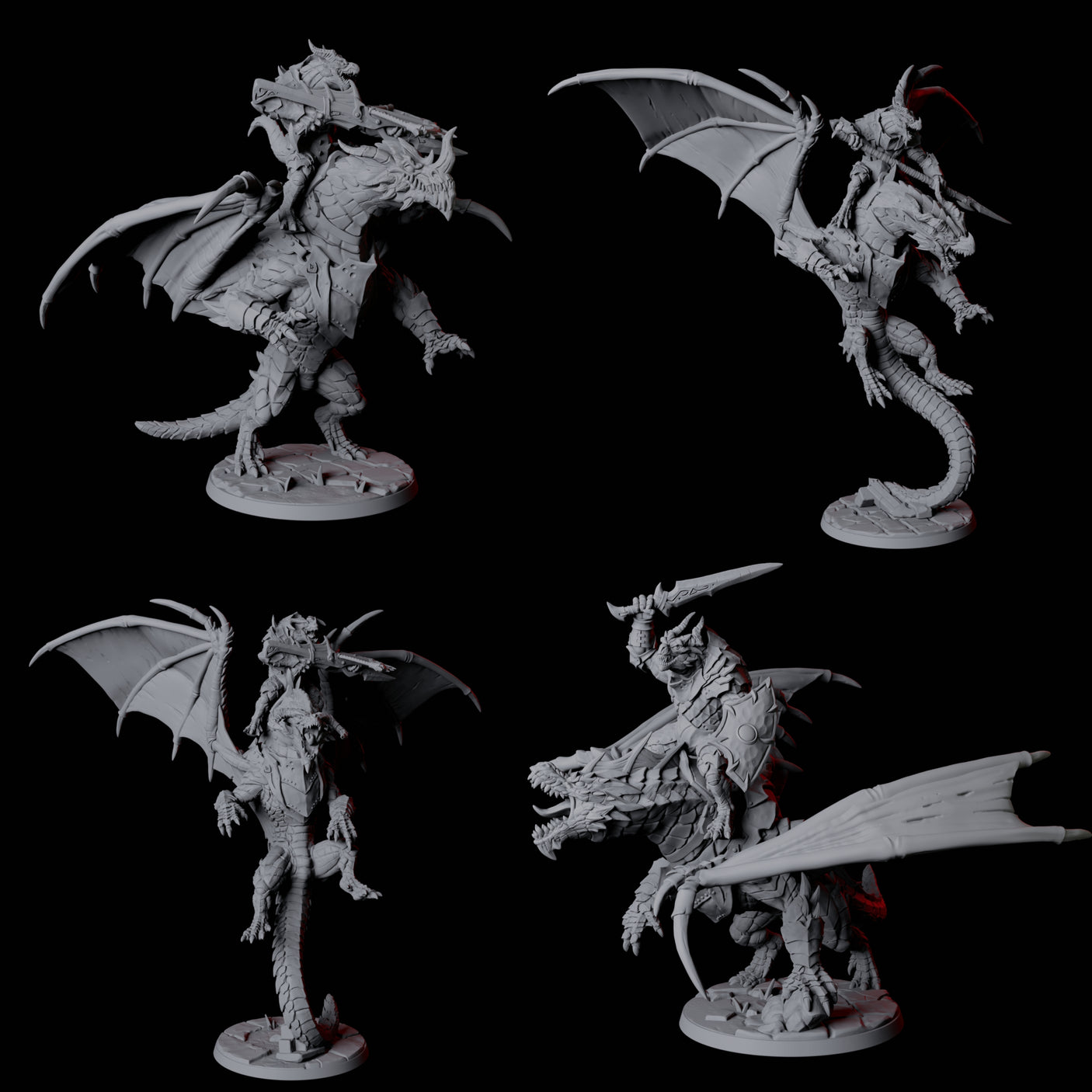 Four Valiant Dragonborn Warriors Riding Dragons