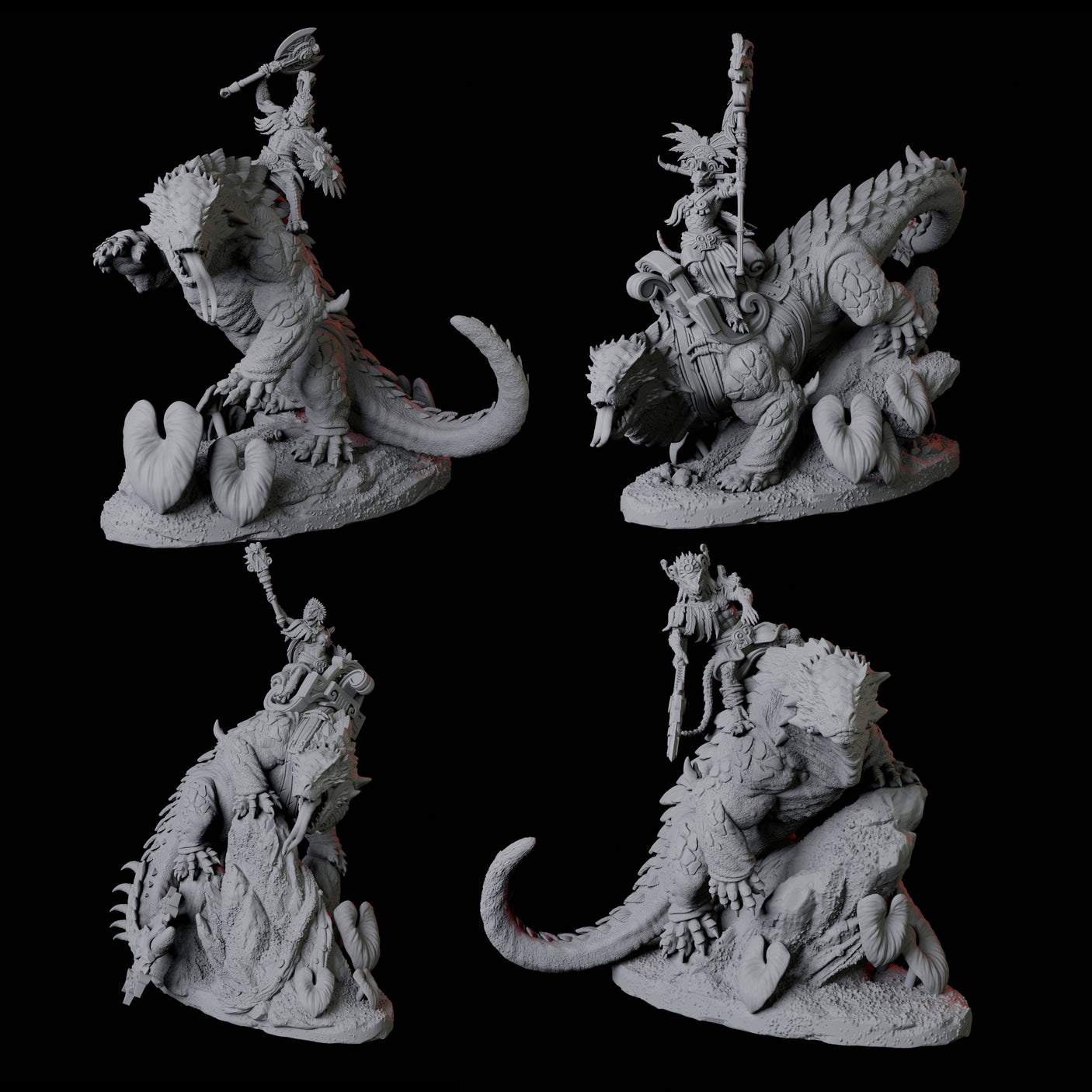 Four Lizardfolk riding giant lizards