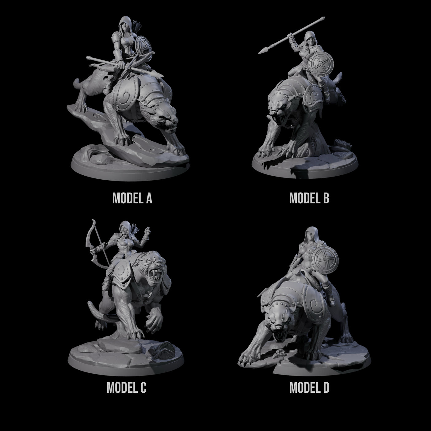 Four Shadowy Assassin Sisters riding Panthers