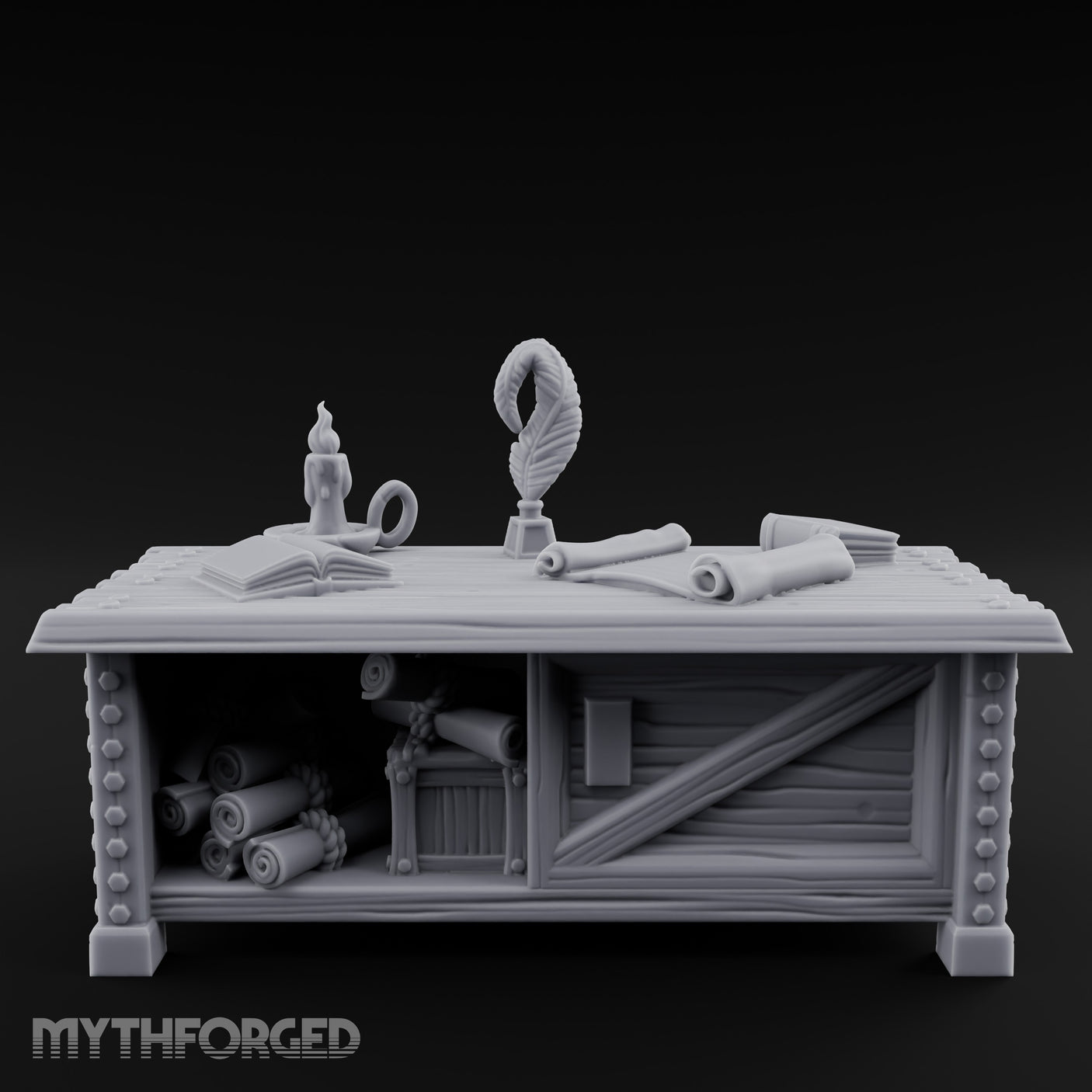 Quill-Inked Scroll-Stuffed Captain's Writing Desk Miniature for Dungeons and Dragons, Pathfinder or other TTRPGs