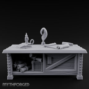 Quill-Inked Scroll-Stuffed Captain's Writing Desk Miniature for Dungeons and Dragons, Pathfinder or other TTRPGs