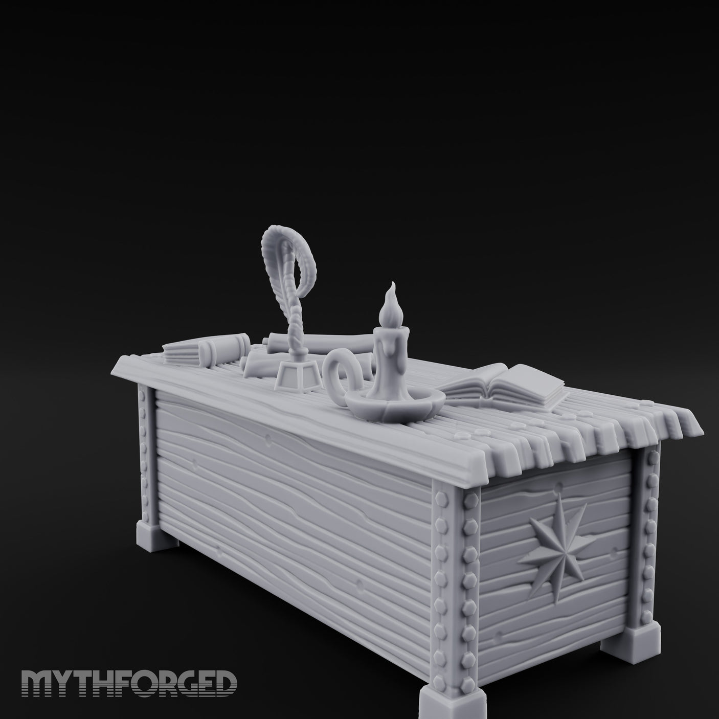 Quill-Inked Scroll-Stuffed Captain's Writing Desk Miniature for Dungeons and Dragons, Pathfinder or other TTRPGs