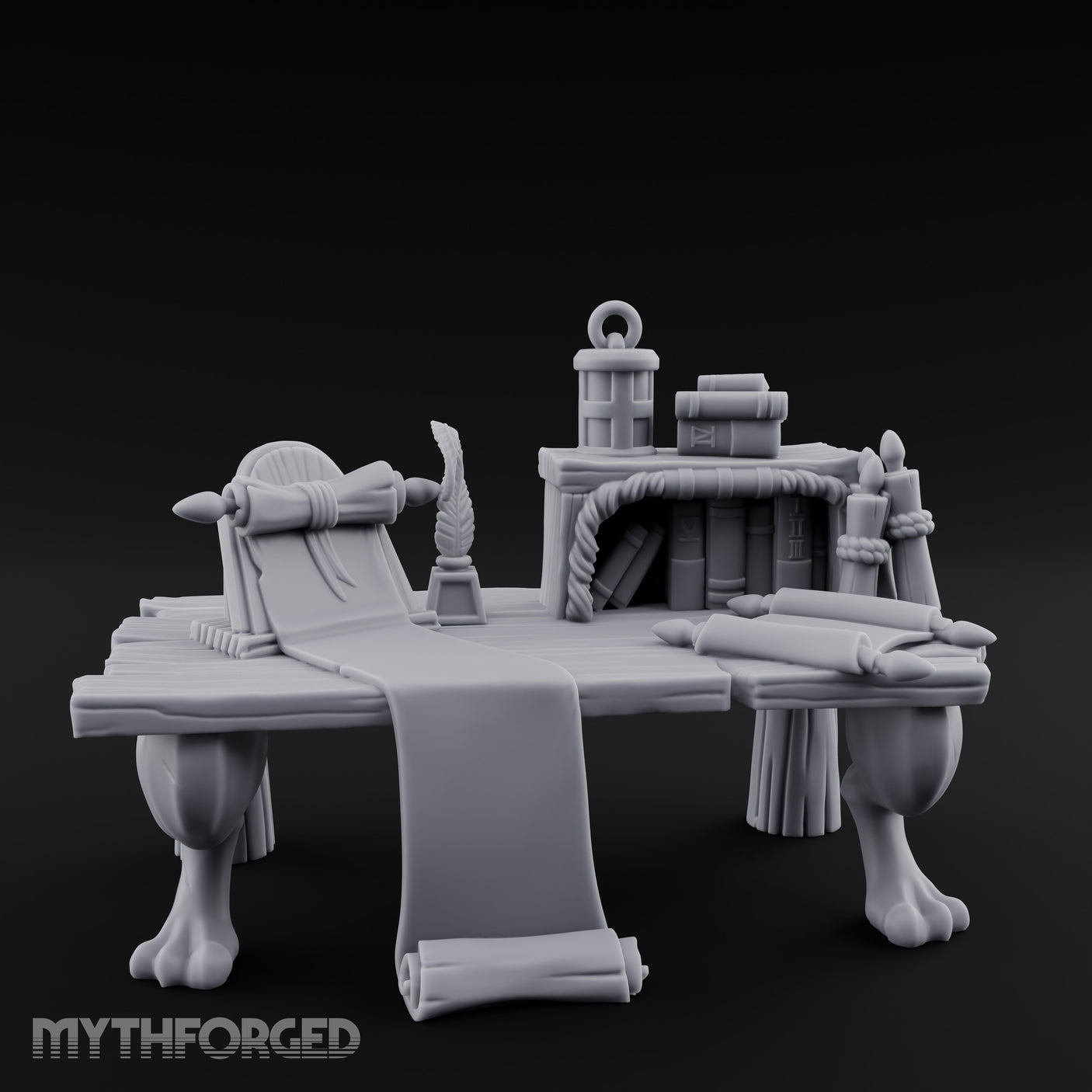 Quill-Stood Scroll-Draped Scholar's Writing Desk