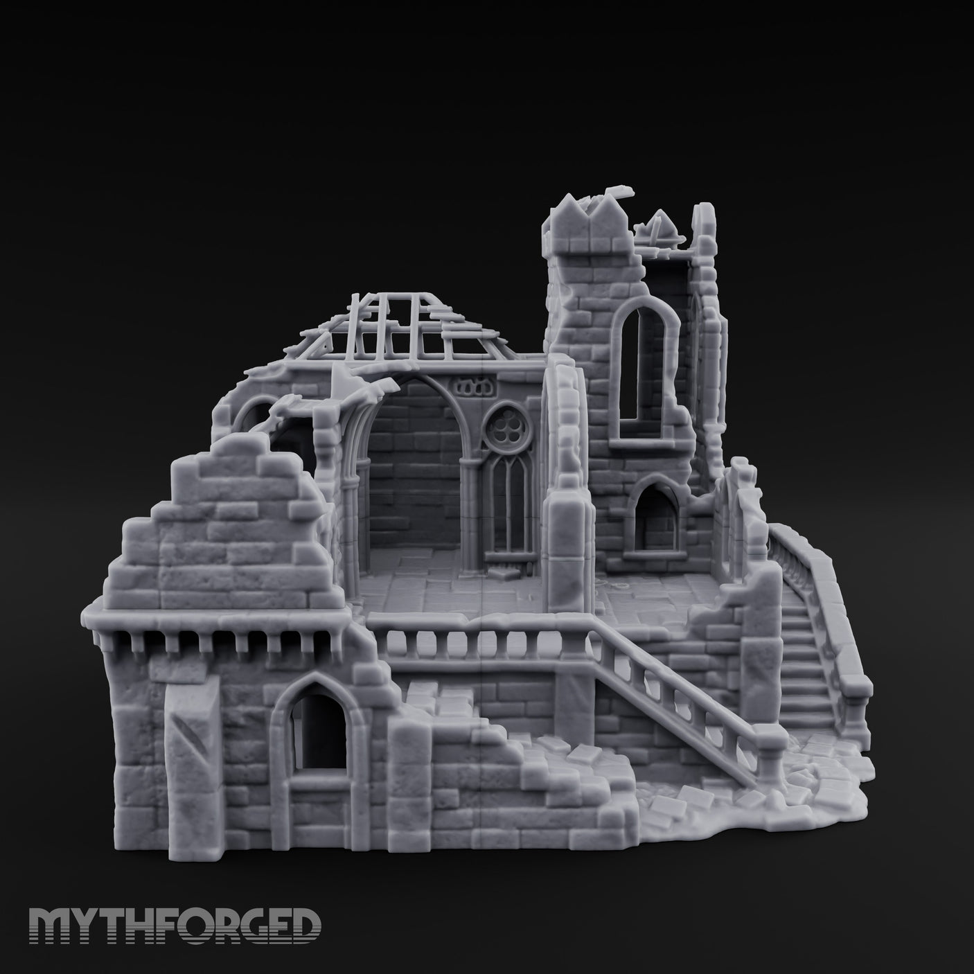 Rafter-Exposed Rose-Windowed Gothic Cathedral Ruins Miniature for Dungeons and Dragons, Pathfinder or other TTRPGs