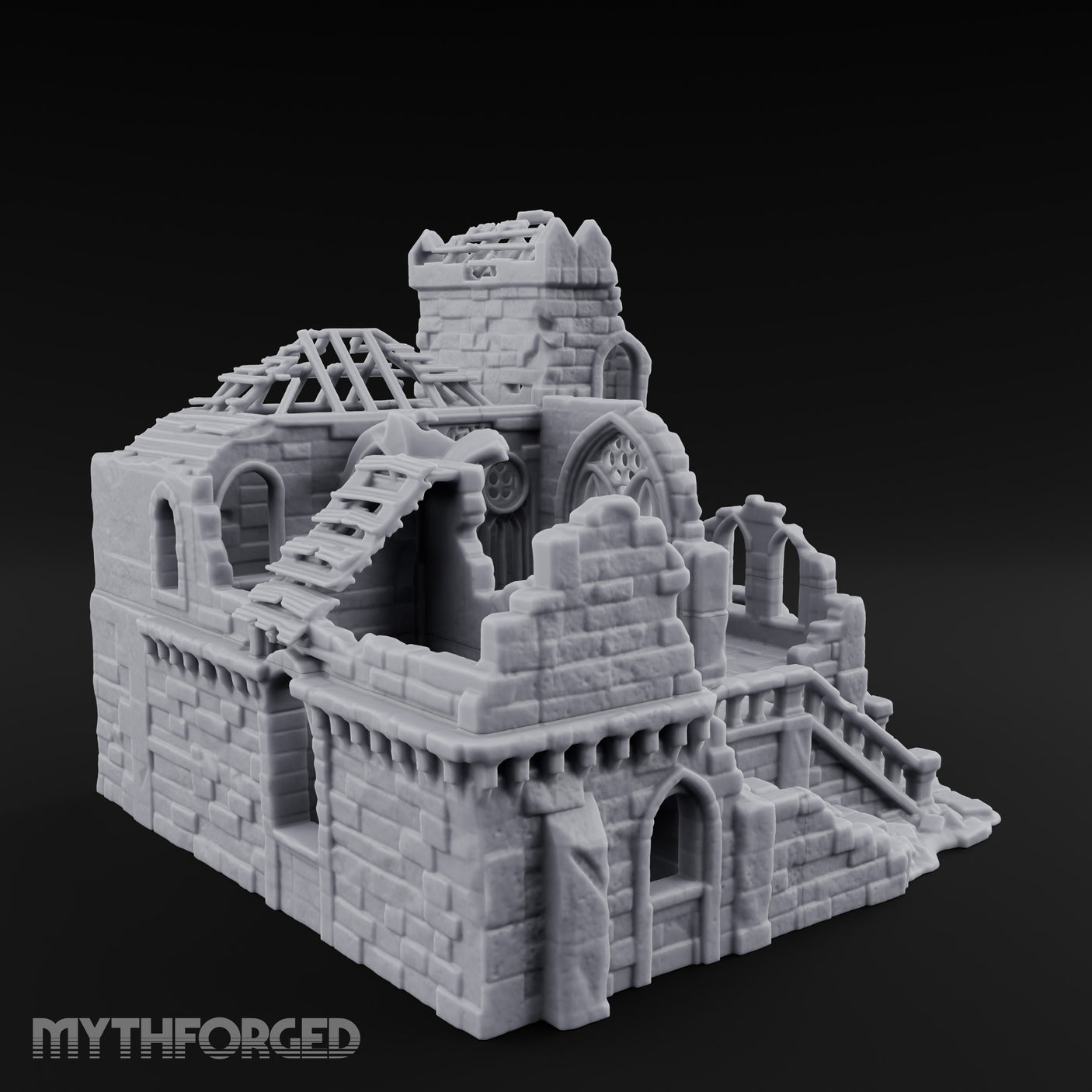 Rafter-Exposed Rose-Windowed Gothic Cathedral Ruins Miniature for Dungeons and Dragons, Pathfinder or other TTRPGs