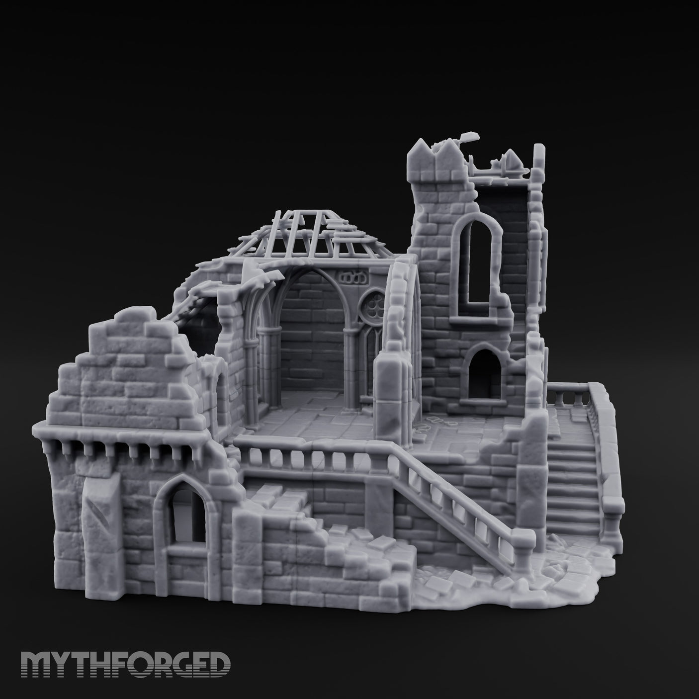 Rafter-Exposed Rose-Windowed Gothic Cathedral Ruins Miniature for Dungeons and Dragons, Pathfinder or other TTRPGs