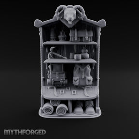 Ram-Skull Topped Pack-Laden Adventurer's Shop Shelf Miniature for Dungeons and Dragons, Pathfinder or other TTRPGs