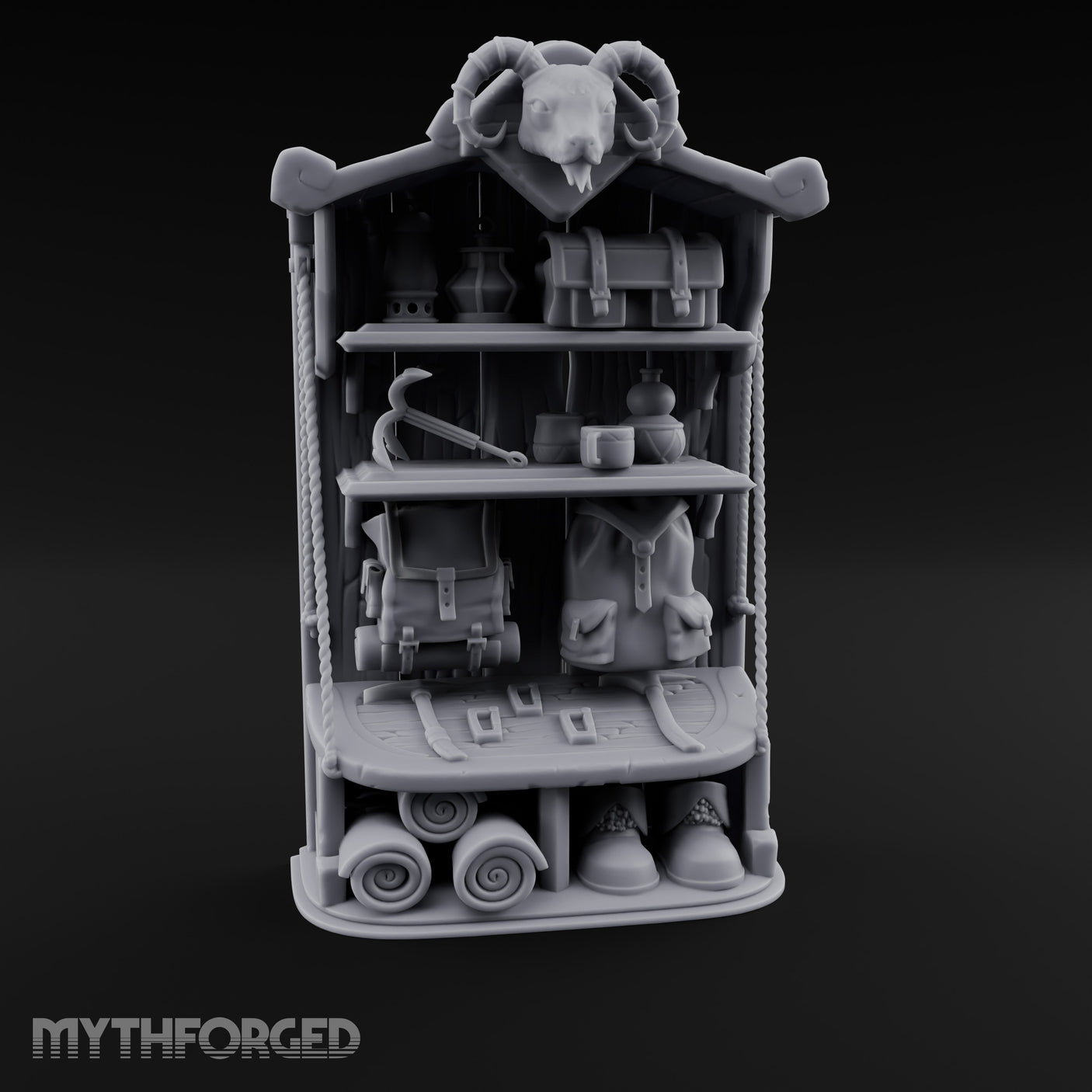 Ram-Skull Topped Pack-Laden Adventurer's Shop Shelf Miniature for Dungeons and Dragons, Pathfinder or other TTRPGs