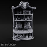 Ram-Skull Topped Pack-Laden Adventurer's Shop Shelf Miniature for Dungeons and Dragons, Pathfinder or other TTRPGs