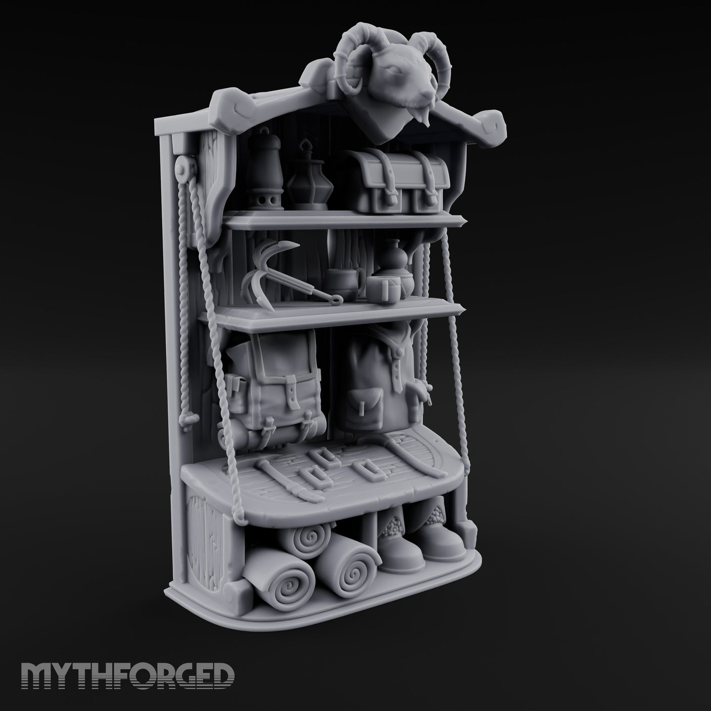 Ram-Skull Topped Pack-Laden Adventurer's Shop Shelf Miniature for Dungeons and Dragons, Pathfinder or other TTRPGs
