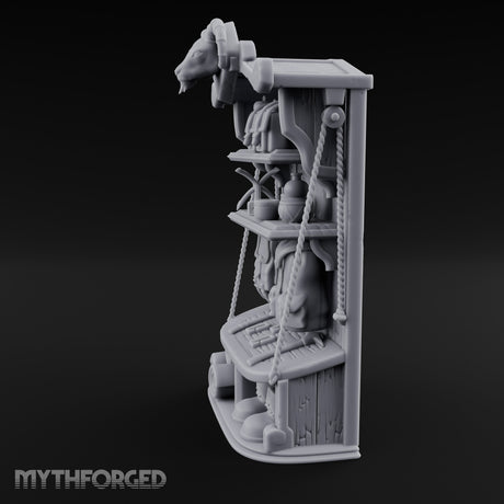 Ram-Skull Topped Pack-Laden Adventurer's Shop Shelf Miniature for Dungeons and Dragons, Pathfinder or other TTRPGs