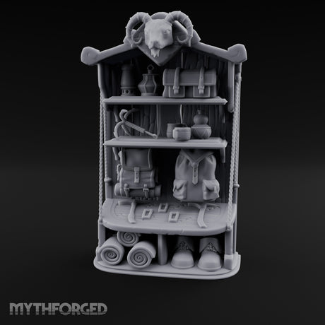 Ram-Skull Topped Pack-Laden Adventurer's Shop Shelf Miniature for Dungeons and Dragons, Pathfinder or other TTRPGs