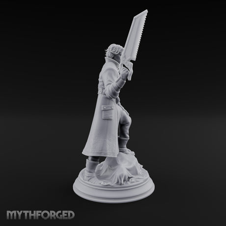 Grinning Over the Cut Human Man with Serrated Cleaver Blade and Long Greatcoat