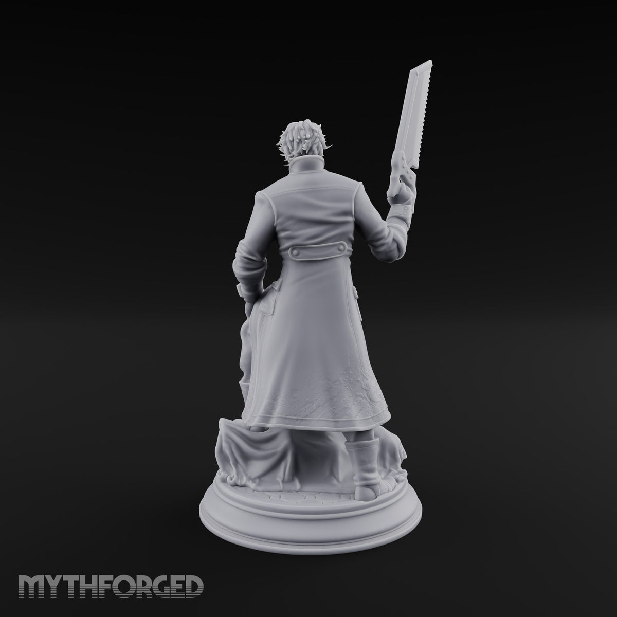 Grinning Over the Cut Human Man with Serrated Cleaver Blade and Long Greatcoat