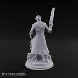 Grinning Over the Cut Human Man with Serrated Cleaver Blade and Long Greatcoat