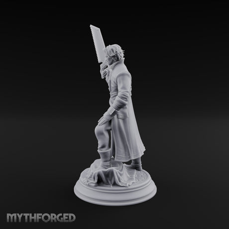 Grinning Over the Cut Human Man with Serrated Cleaver Blade and Long Greatcoat