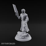 Grinning Over the Cut Human Man with Serrated Cleaver Blade and Long Greatcoat