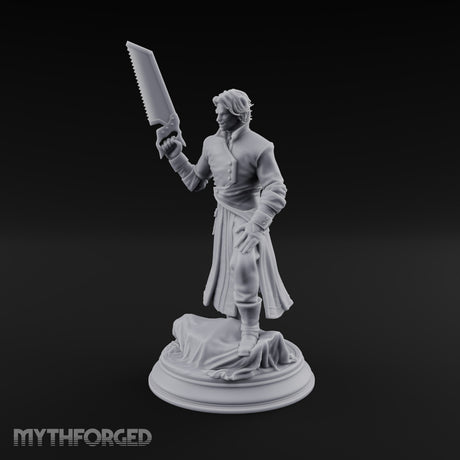 Grinning Over the Cut Human Man with Serrated Cleaver Blade and Long Greatcoat