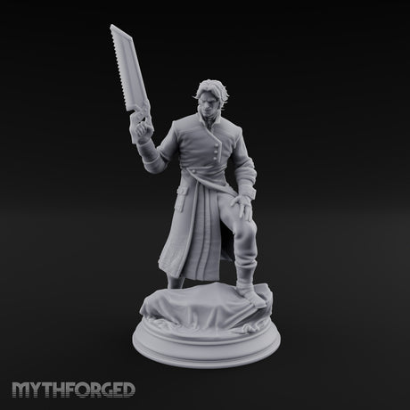Grinning Over the Cut Human Man with Serrated Cleaver Blade and Long Greatcoat