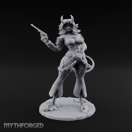 Revolver Raised Smirking Tiefling Gunslinger Miniature for Dungeons and Dragons, Pathfinder or other TTRPGs