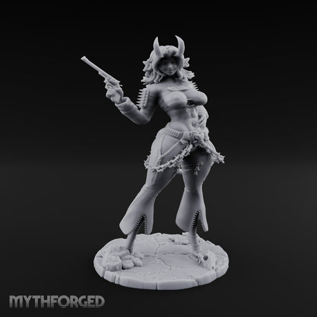 Revolver Raised Smirking Tiefling Gunslinger Miniature for Dungeons and Dragons, Pathfinder or other TTRPGs
