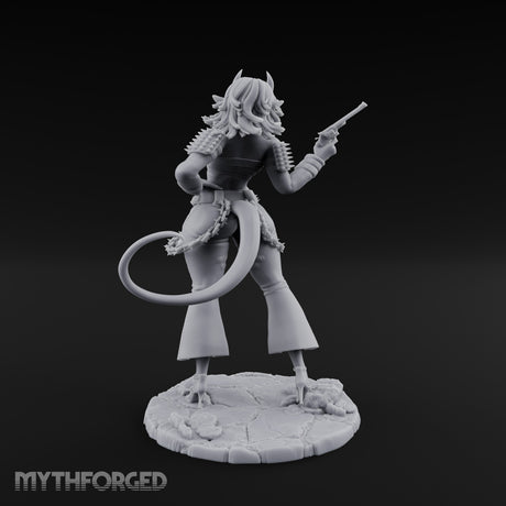 Revolver Raised Smirking Tiefling Gunslinger Miniature for Dungeons and Dragons, Pathfinder or other TTRPGs