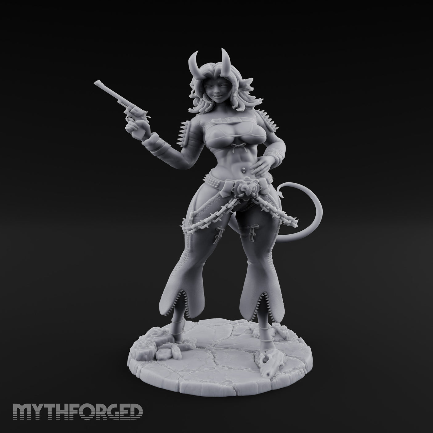 Revolver Raised Smirking Tiefling Gunslinger Miniature for Dungeons and Dragons, Pathfinder or other TTRPGs