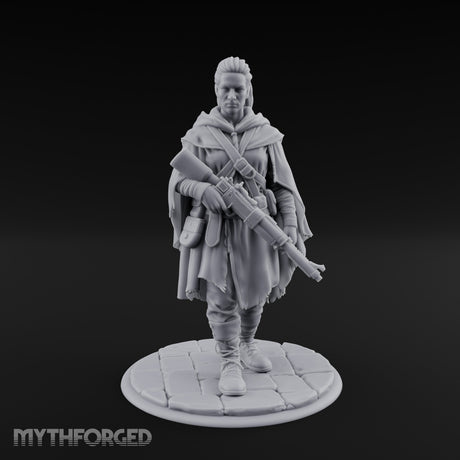Rifle-Cradling Cloak-Wrapped Human Wanderer Miniature for Dungeons and Dragons, Pathfinder or other TTRPGs
