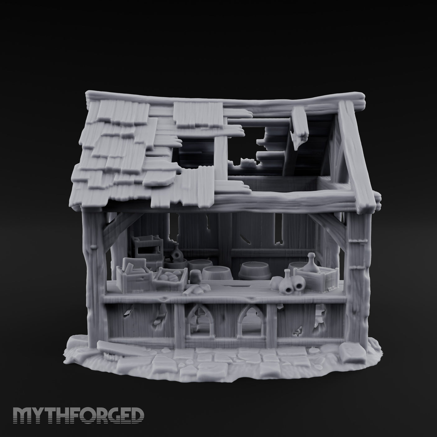 Roof-Holed Shelf-Stocked Abandoned Market Stall Ruins Miniature for Dungeons and Dragons, Pathfinder or other TTRPGs