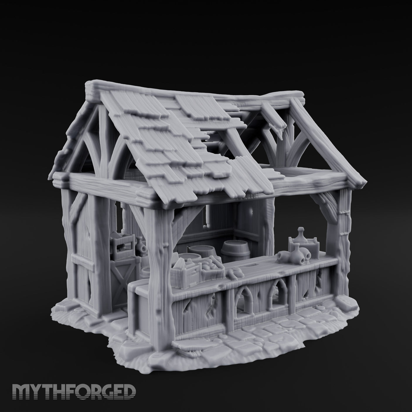 Roof-Holed Shelf-Stocked Abandoned Market Stall Ruins Miniature for Dungeons and Dragons, Pathfinder or other TTRPGs