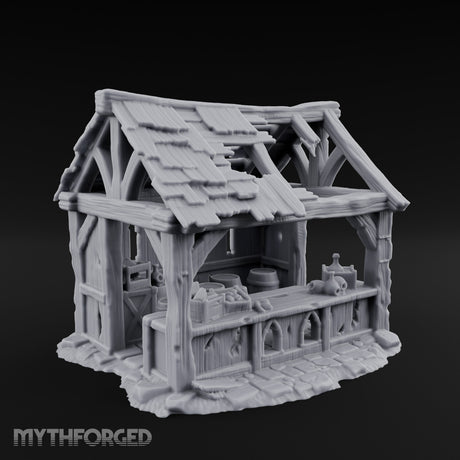 Roof-Holed Shelf-Stocked Abandoned Market Stall Ruins Miniature for Dungeons and Dragons, Pathfinder or other TTRPGs