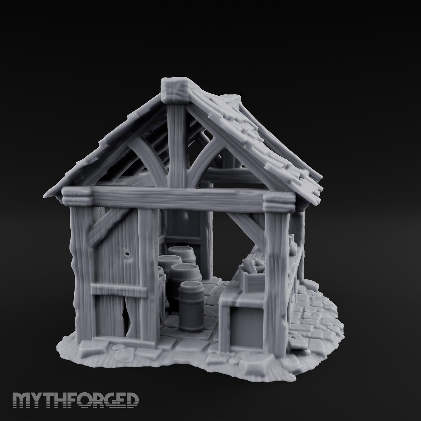 Roof-Holed Shelf-Stocked Abandoned Market Stall Ruins Miniature for Dungeons and Dragons, Pathfinder or other TTRPGs