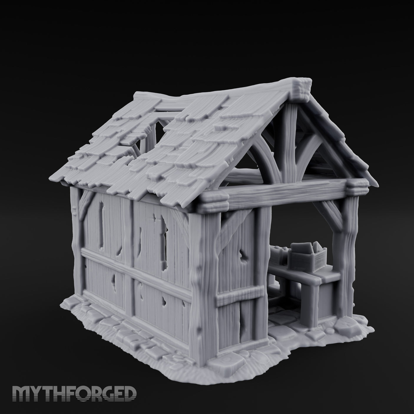 Roof-Holed Shelf-Stocked Abandoned Market Stall Ruins Miniature for Dungeons and Dragons, Pathfinder or other TTRPGs