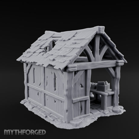 Roof-Holed Shelf-Stocked Abandoned Market Stall Ruins Miniature for Dungeons and Dragons, Pathfinder or other TTRPGs
