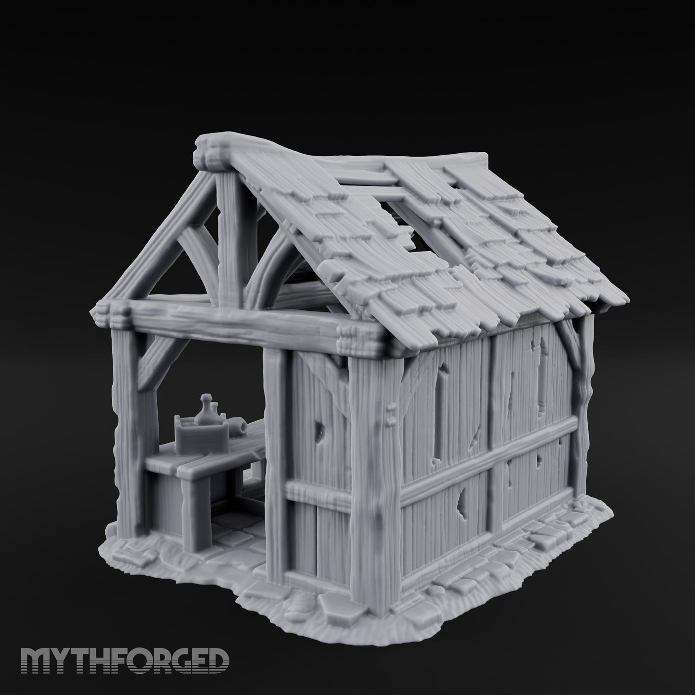 Roof-Holed Shelf-Stocked Abandoned Market Stall Ruins Miniature for Dungeons and Dragons, Pathfinder or other TTRPGs