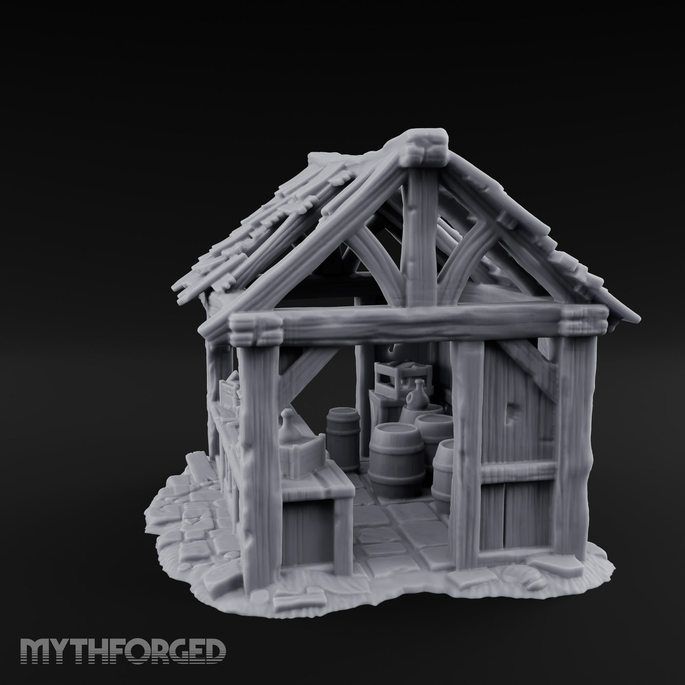 Roof-Holed Shelf-Stocked Abandoned Market Stall Ruins Miniature for Dungeons and Dragons, Pathfinder or other TTRPGs