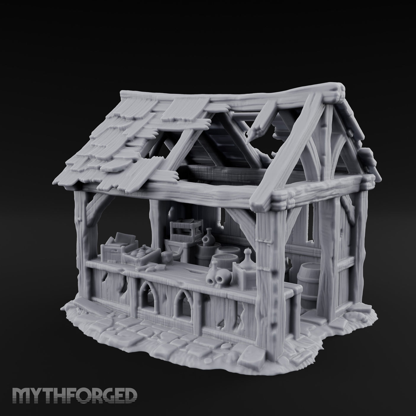 Roof-Holed Shelf-Stocked Abandoned Market Stall Ruins Miniature for Dungeons and Dragons, Pathfinder or other TTRPGs