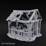 Roof-Holed Shelf-Stocked Abandoned Market Stall Ruins Miniature for Dungeons and Dragons, Pathfinder or other TTRPGs