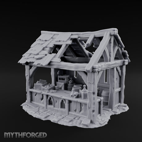 Roof-Holed Shelf-Stocked Abandoned Market Stall Ruins Miniature for Dungeons and Dragons, Pathfinder or other TTRPGs