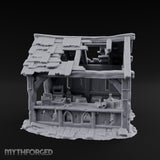 Roof-Holed Shelf-Stocked Abandoned Market Stall Ruins Miniature for Dungeons and Dragons, Pathfinder or other TTRPGs