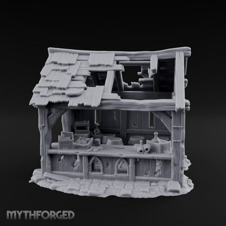 Roof-Holed Shelf-Stocked Abandoned Market Stall Ruins Miniature for Dungeons and Dragons, Pathfinder or other TTRPGs